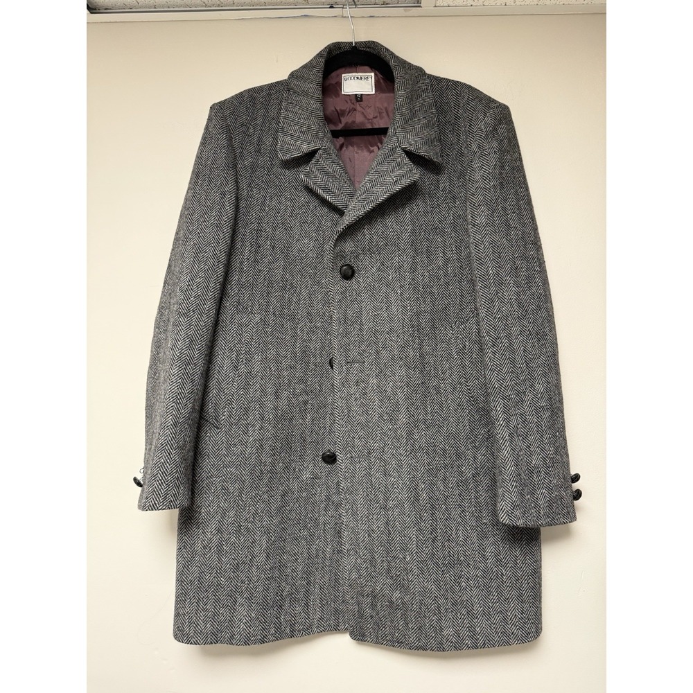 Woodmere Overcoat Mens 42 Grey Herringbone Pure Virgin Wool Long Jacket